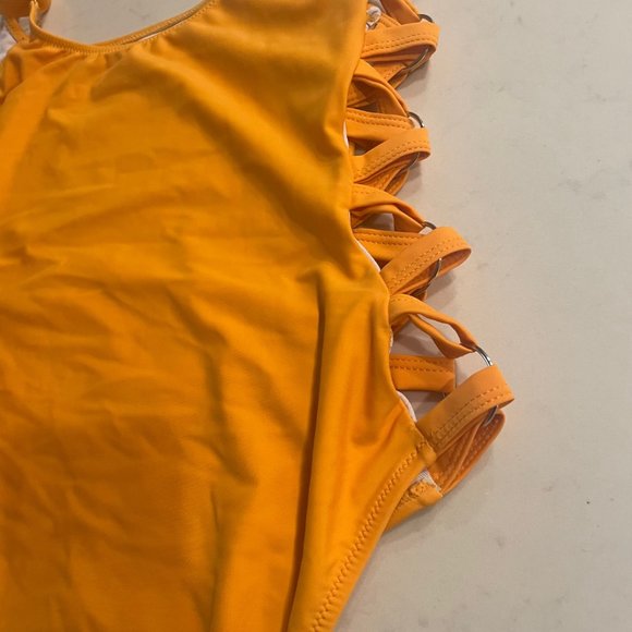 Mustard / Yellow Crisscross Lace Up Slimming One Piece Swimsuit - Picture 13 of 13